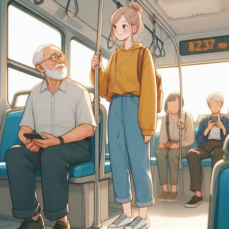 בחורה עומדת באוטובוס לצד איש זקן יושב - איור