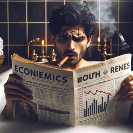 גבר מעשן סיגר באמבטיה וקורא עיתון כלכלי במבט טרוד - איור