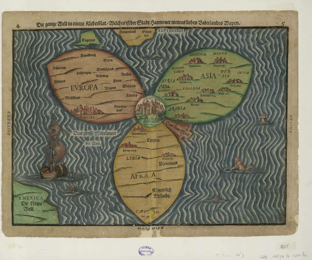 מפת העולם בצורת תלתן, אותה יצר היינריך בינטינג ב־1594, בה מוצגת ירושלים כמרכז העולם