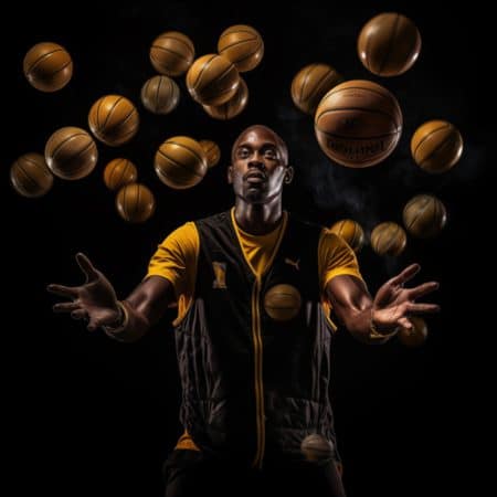 שחקן כדורסל זורק עשרות כדורי סל באוויר - איור