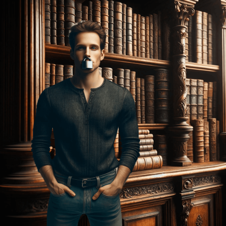 איור גבר עומד עם מנעול על שפתיים על רקע ארון ספרים