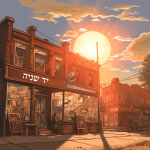 רחוב ובו חנות יד שניה. בשמיים מעל - שמש בוהקת