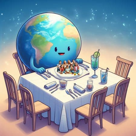 איור של כדור הארץ יושב לאכול צלחת עם אנשים