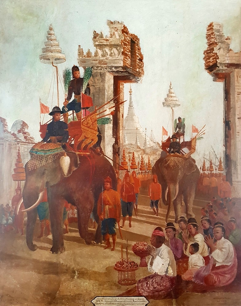 ציור של תהלוכה מלכותית על פילים עם צופים יושבים בצד