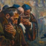 ציור בצבעים כהים ואווירה קודרת של יהודים בתפילה