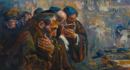 ציור בצבעים כהים ואווירה קודרת של יהודים בתפילה