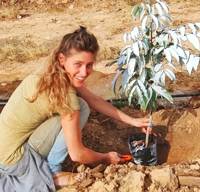 נעמה עתידיה שותלת שתיל של עץ באדמה