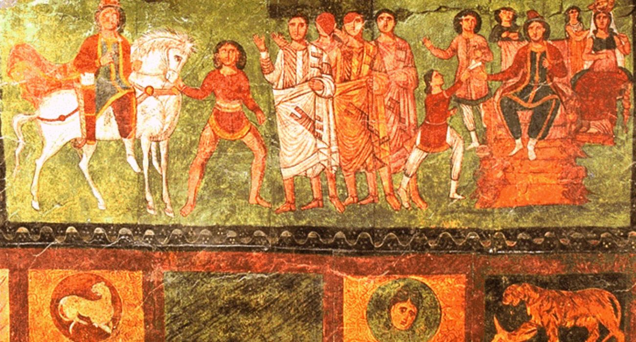 המן מוביל את מרדכי על סוס המלכות. ציור קיר מבית הכנסת העתיק בדורה אירופוס, מאה 3 לספירה.צילום: ויקיפדיה