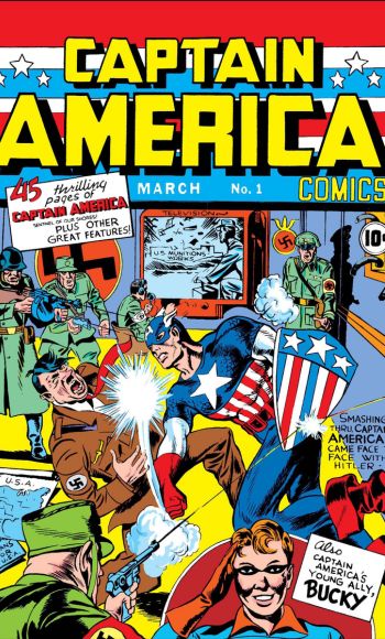 קפטן אמריקה חובט בהיטלר על שער הגיליון הראשון של "Captain America Comics" (מרץ 1941). איור: ג'ק קירבי וג'ו סימון. © Marvel Comics.