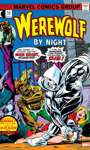 בהופעתו הראשונה על שער Werewolf by Night #32 ב-1975. איור: מונץ' ופרלין. © Marvel Comics.